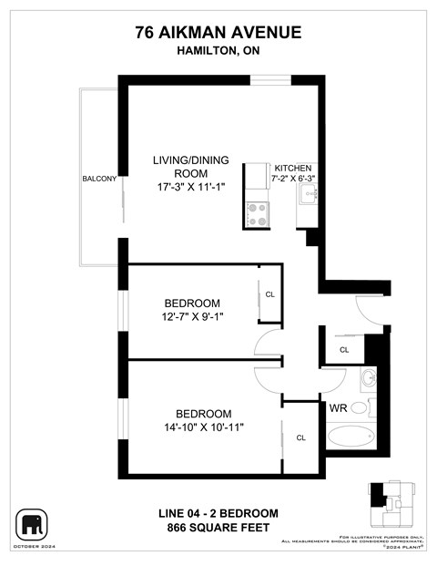 Floor plan for 2 beds, 1 bath, 772 sqft
